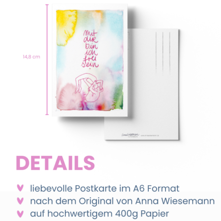 Eine Postkarte aus der Anna in Farben-Kollektion von Anna Wiesemann. Die Vorderseite zeigt eine Aquarellmalerei in Gelb-, Blau-, Grün- und Rosatönen mit dem handgeschriebenen Text: „Mit dir bin ich frei sein“. Die Rückseite enthält klassische Postkartenlinien für Adresse und Briefmarke sowie den kleinen Schriftzug „Anna Wiesemann – IN FARBEN“ mit der Website www.annawiesemann.de. Das Design wirkt leicht, kreativ und inspirierend.