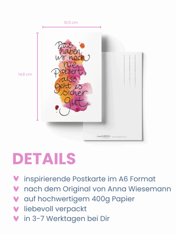 Anna Wiesemann Postkarte mit der Aufschrift "Das haben wir noch nie probiert, also geht es sicher gut"
