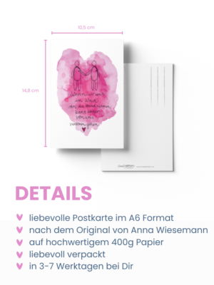 Eine Postkarte aus der Anna in Farben-Kollektion von Anna Wiesemann. Die Vorderseite zeigt eine Aquarellmalerei in Pinktönen mit dem handgeschriebenen Text: „Wenn wir uns im Wind an die Hand nehmen kann keiner verloren gehen“. Die Rückseite enthält klassische Postkartenlinien für Adresse und Briefmarke sowie den kleinen Schriftzug „Anna Wiesemann – IN FARBEN“ mit der Website www.annawiesemann.de. Das Design wirkt leicht, kreativ und inspirierend.